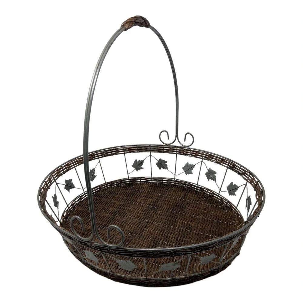 Rattan/Wicker Metal Brown Basket with Leaf Embellishment.